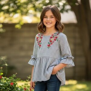 Hayden Black-and-White Plaid Top with Red Floral Embroidery